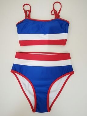 Blue, Red & White High-Waist Women's Bikini Set